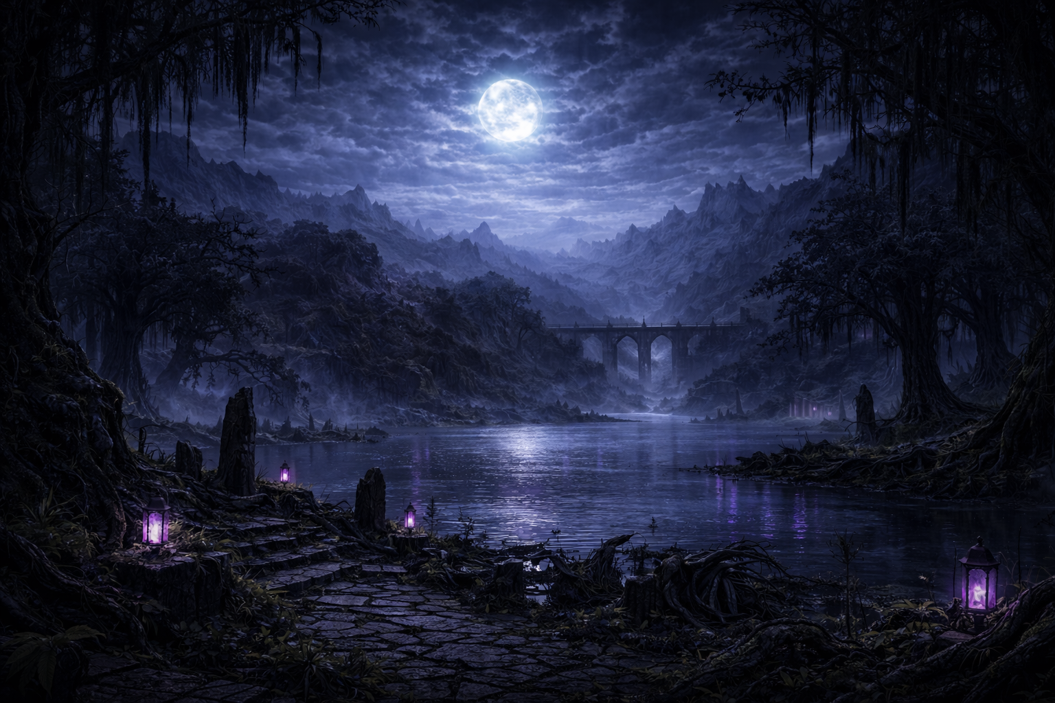 Dark fantasy streets in fog and moonlight