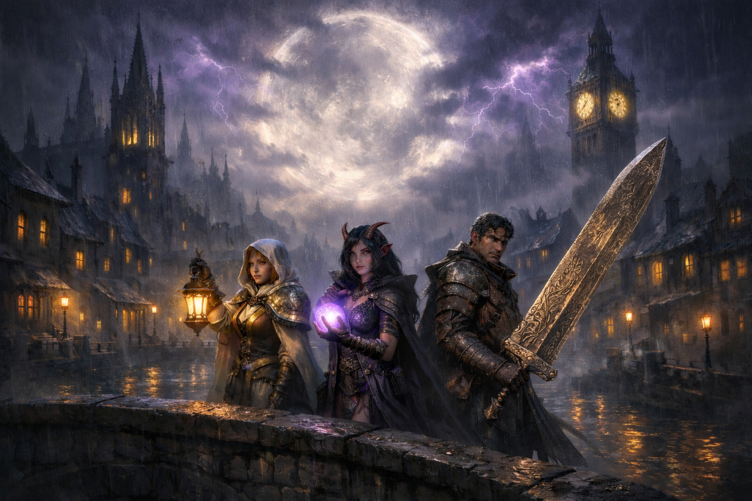 Three figures moving through a dark landscape